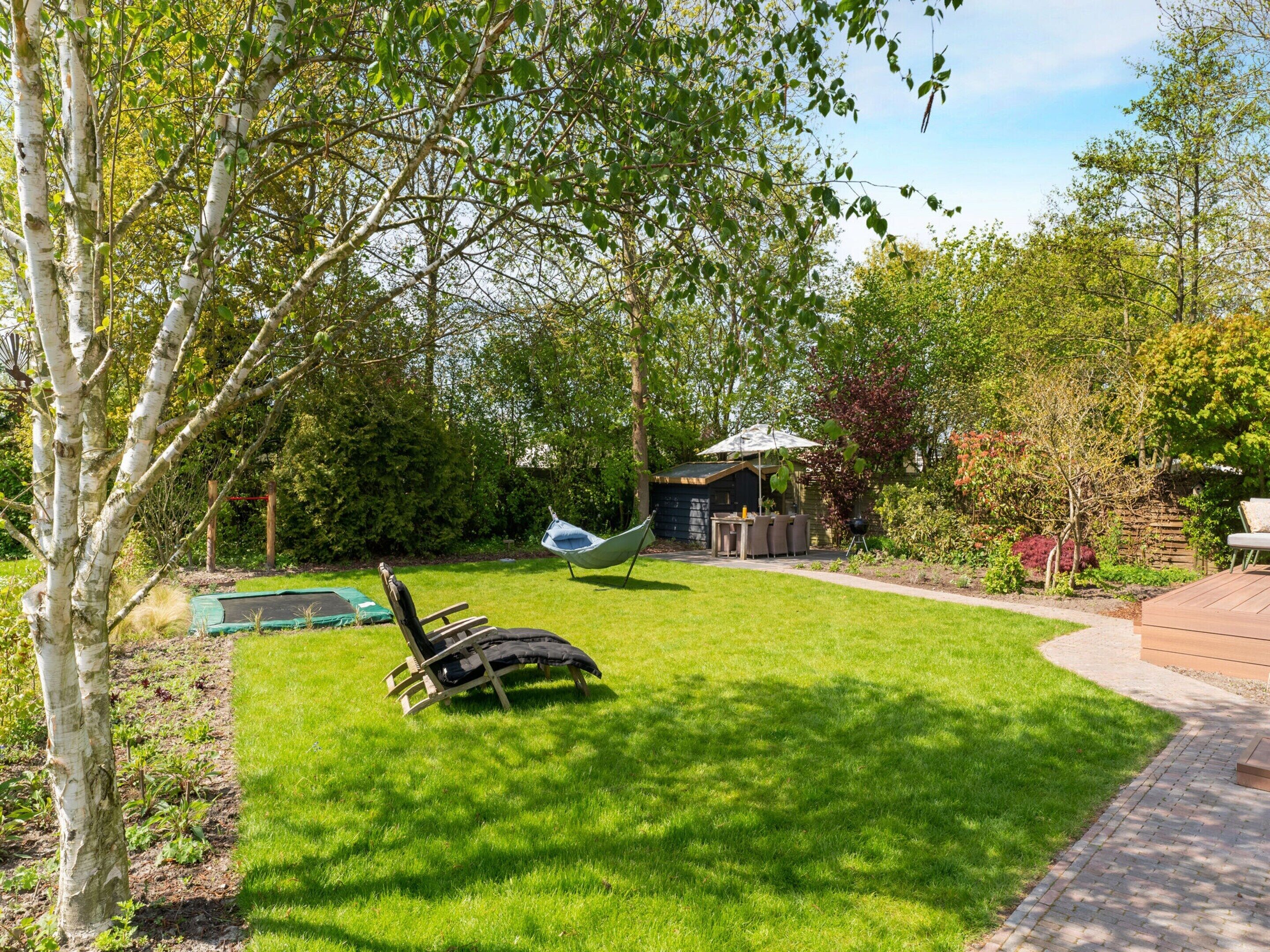 A backyard with a trampoline, a hammock, and a barbecue area.