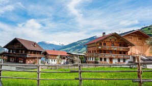 A traditional wooden chalet with a balcony, set against a backdrop of snow-capped mountains and a clear blue sky. - Apartment in Hainzenberg Near Ski Slopes (Hainzenberg)