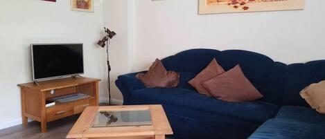 A living room with a blue sofa, a wooden coffee table, a TV on a wooden stand, and three framed artworks on the wall.