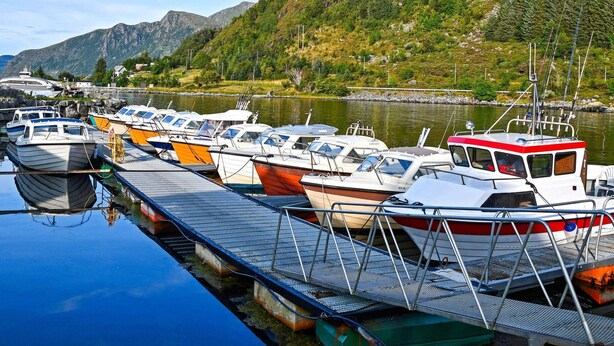 Un puerto deportivo con barcos amarrados, rodeado de un paisaje montañoso.
