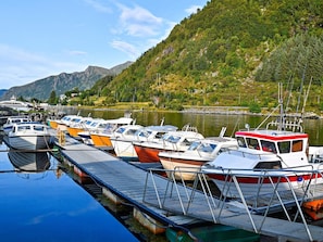 A marina with boats docked, surrounded by a mountainous landscape.
