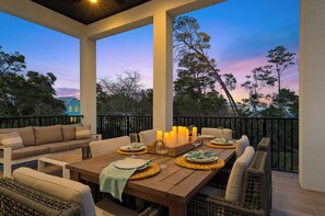 Outdoor dining - 3 Blocks to Beach • Sleeps 19 | Pool, Spa & Golf Cart in Gulf Place (Santa Rosa Beach)