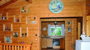 Interior de una cabaña de madera con cocina, paredes de madera y comedor.