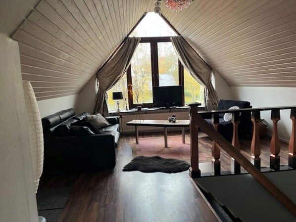 A loft-style room with a sloped ceiling, a black leather sofa, a wooden coffee table, and a view of trees through large windows.