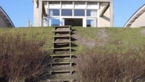 A modern building with a flat roof and large windows, a wooden staircase leading up to the entrance, and a gravel path in front. - Dijkvilla on the Ijsselmeer (Makkum)