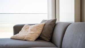 A grey sofa with two pillows, one fluffy and one striped, positioned near a window with a view of a body of water.
