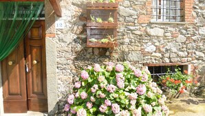 Ein Steinhaus mit einer Holztür und einem Fenster mit Gitterstäben. An der Wand stehen Blumentöpfe und vor der Fassade ein großer Strauch mit rosa Blüten.