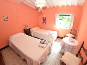 Une chambre avec deux lits simples, une petite table avec une lampe, une chaise et une fenêtre donnant sur un paysage verdoyant.