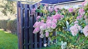 A wooden fence with a garden in front, including a flowering shrub. - 8 Person Holiday Home in Skummeslovsstrand (Skummesloevsstrand)
