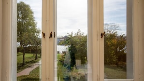A view through a window with a clear path and trees in the background.