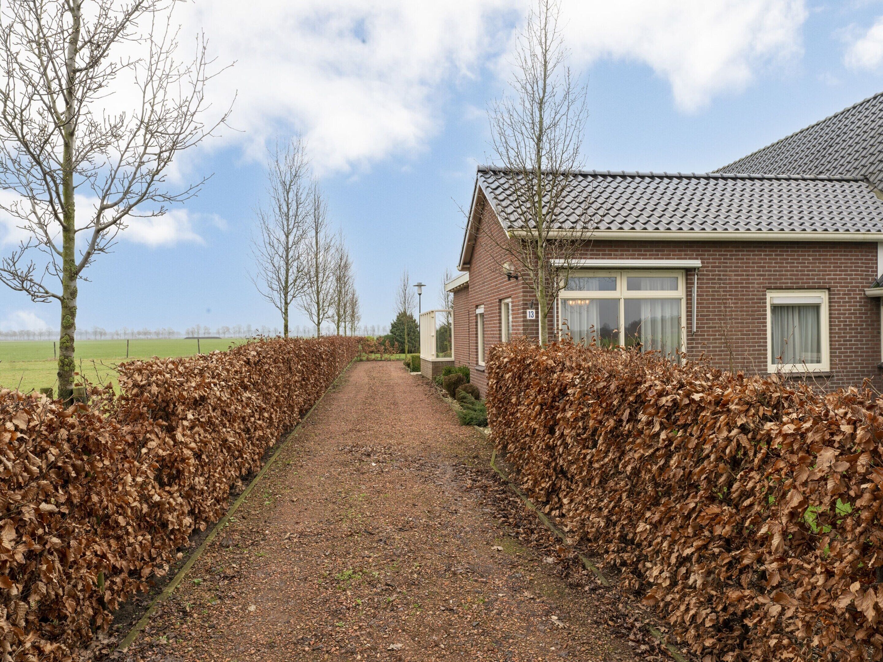A pathway leading to a brick house with a tiled roof, surrounded by leaf-covered hedges.