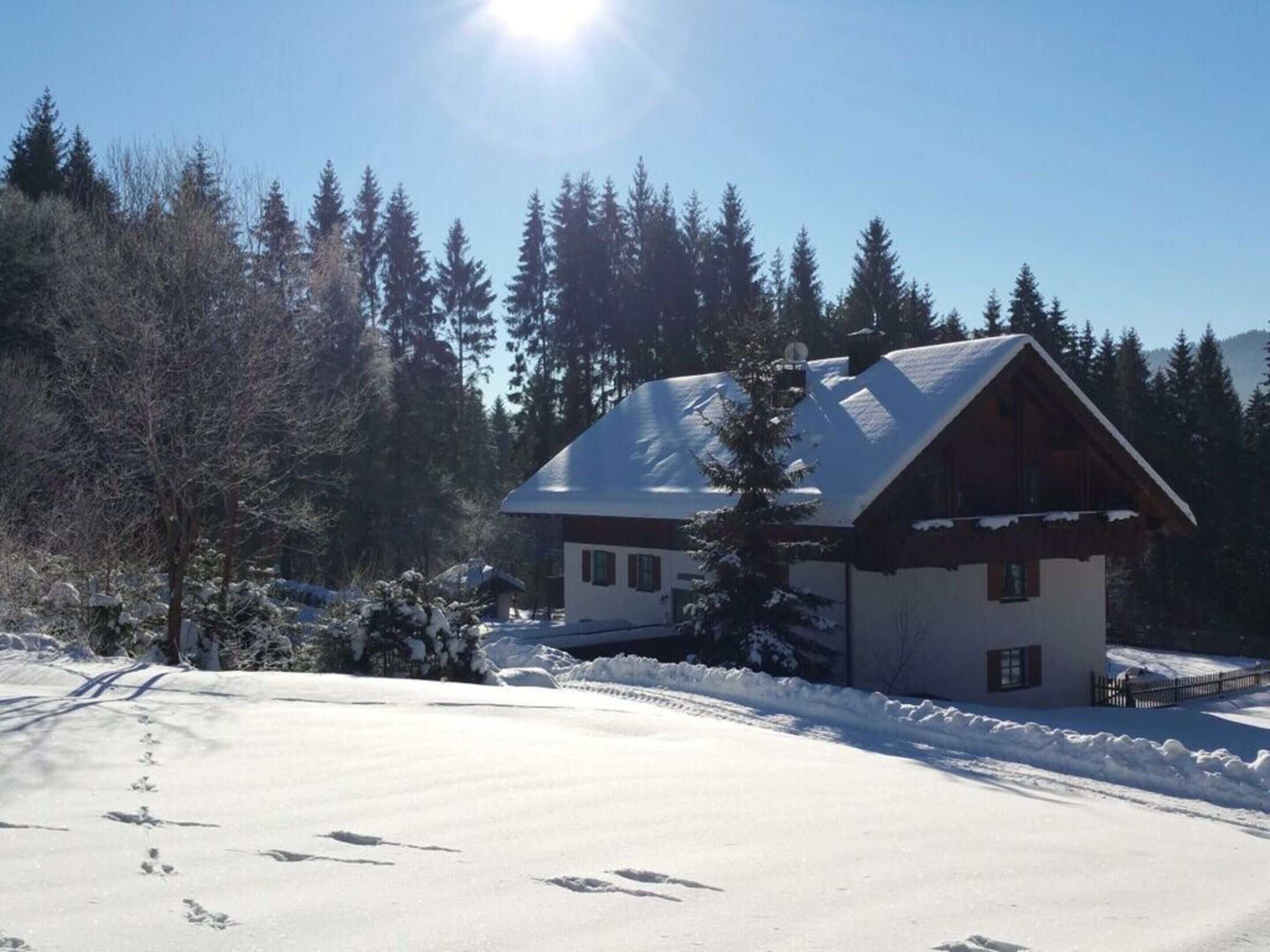 A wooden cabin with a sloped roof, surrounded by snow-covered ground and trees.