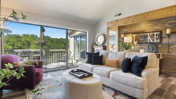 Smart TV, fireplace, books