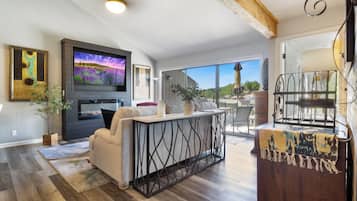 Smart TV, fireplace, books