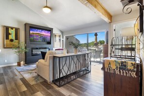 Smart TV, fireplace, books
