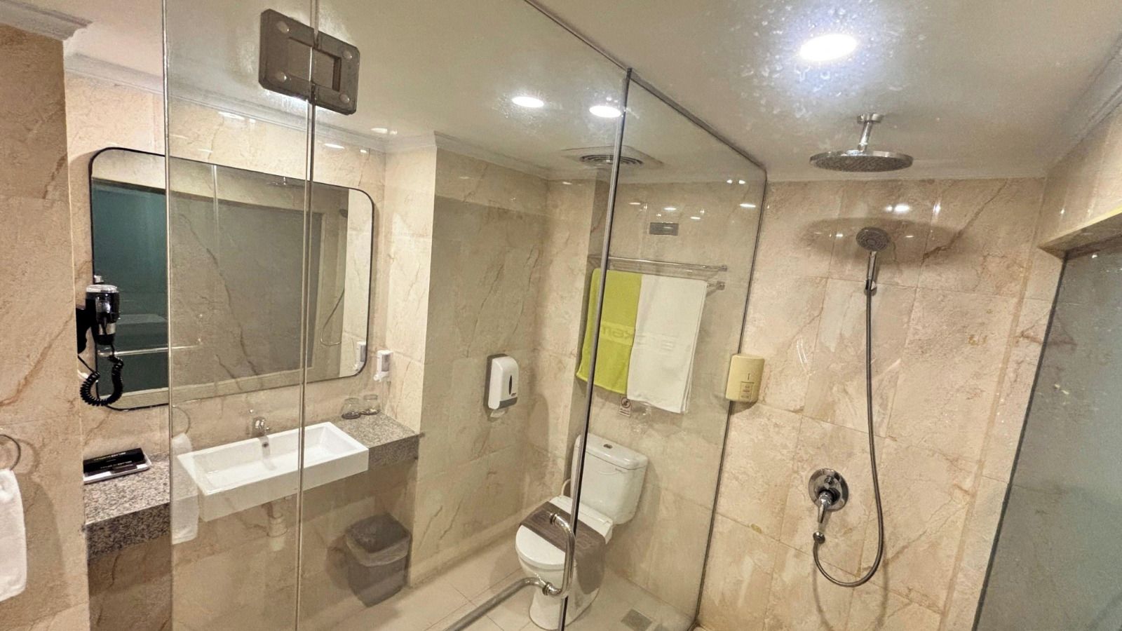 A modern bathroom with a glass-enclosed shower, a sink, and a toilet.