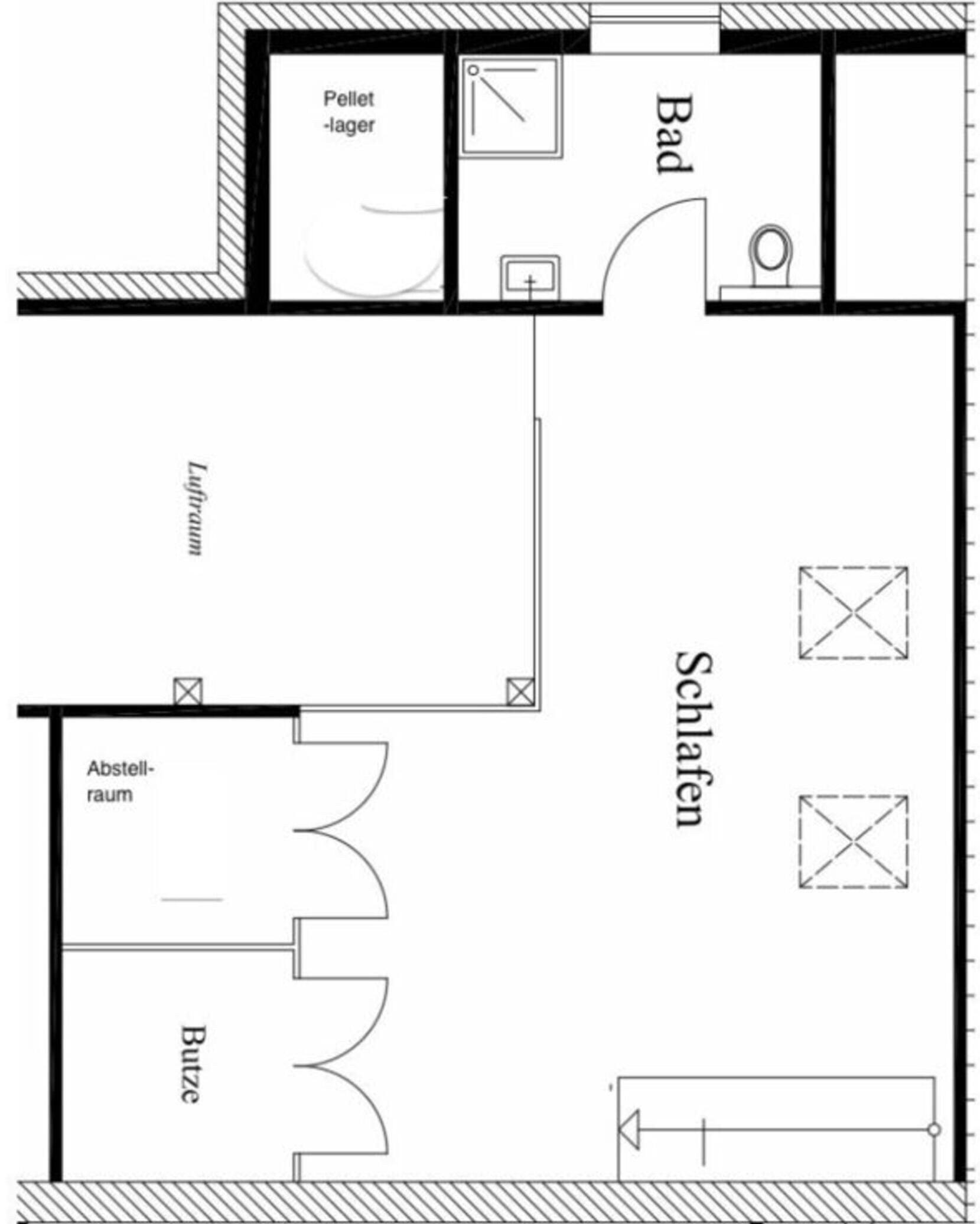 A floor plan with a living room, bathroom, and kitchen.