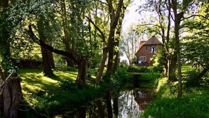 A house surrounded by lush greenery and a calm water body. - Warft Simmerdeis 2 Comfortable Holiday Residence (Oldenswort)