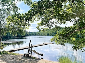 A lakeside view with a wooden dock, a bench, and a clear sky. - 6 Person Holiday Home in Olofstrom (Olofström)