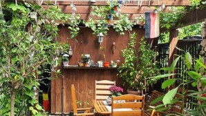 A wooden outdoor seating area with a table and chairs, surrounded by potted plants and a wooden fence. - Holiday Apartment Angela Koenig (Wernigerode)