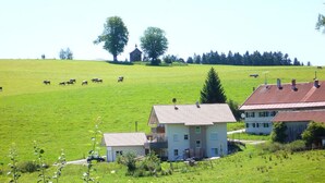 A rural landscape with a large green field, a few scattered buildings, and a few cows grazing. - Haus Nett Modern Retreat (Stiefenhofen)