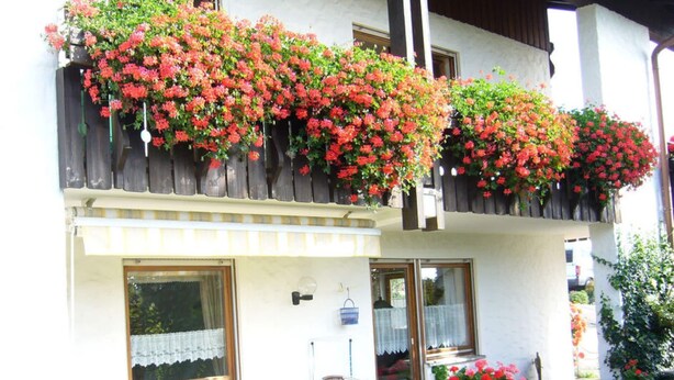 A two-story building with a balcony adorned with hanging flower baskets. - Haus Nett Modern Retreat (Stiefenhofen)