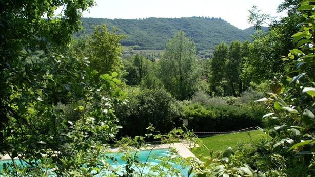 A pool surrounded by lush greenery and hills in the background. - Luxurious Bungalow in Garda With Swimming Pool (Garda)