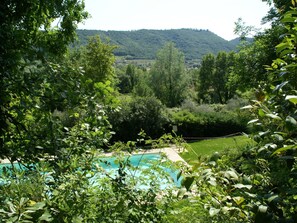 A pool surrounded by lush greenery and hills in the background. - Luxurious Bungalow in Garda With Swimming Pool (Garda)