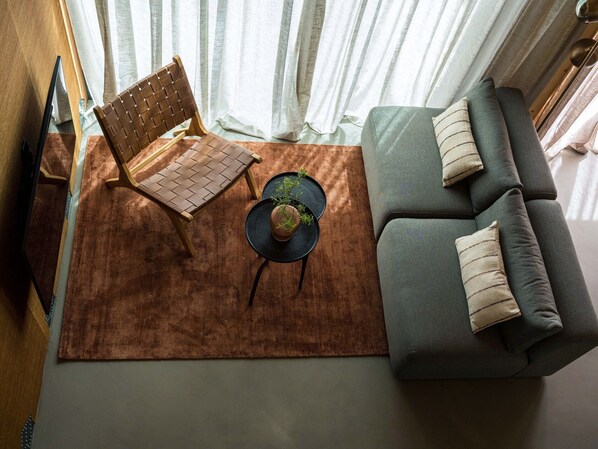A modern living room with a sofa, a chair, a coffee table, and a TV.