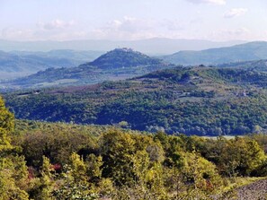Une vue panoramique d’un paysage montagneux, avec une forêt dense et un village perché sur une colline.