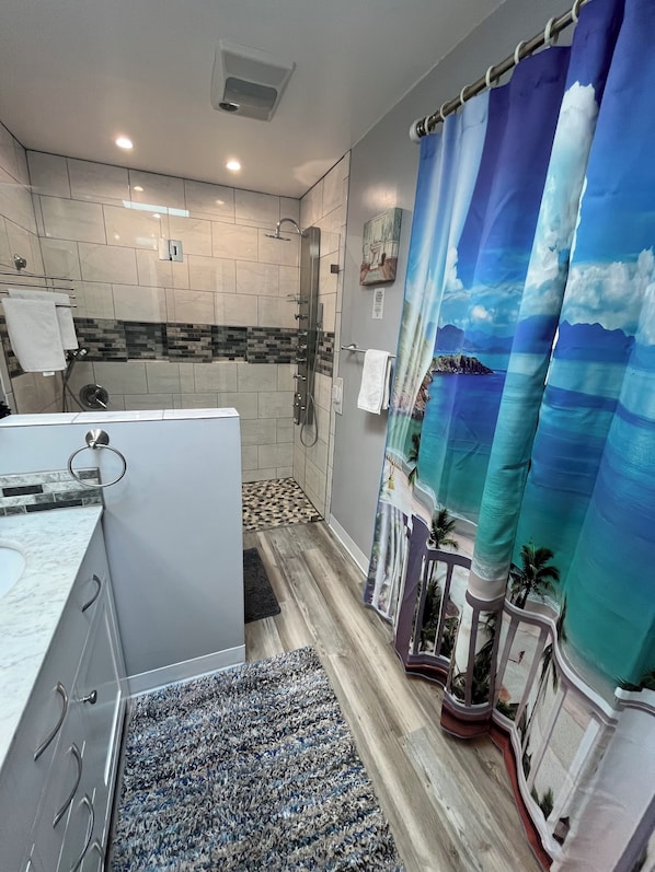 Shower, hair dryer, towels, soap