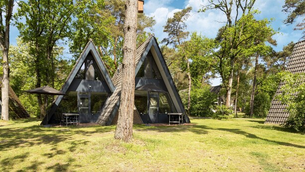 A modern, triangular-shaped building with a glass facade, surrounded by a lush green landscape and trees. - Bungalow in Limburg Near Nature Reserve (Stramproy)