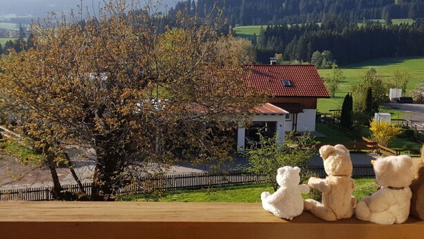 Eine Holzterrasse mit drei weißen Teddybären.