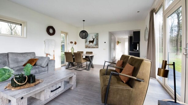 A modern living room with a grey sofa, a brown armchair, a coffee table, and a dining area with a white table and chairs. - Paviljoen 4 Personen (Zorgvlied)