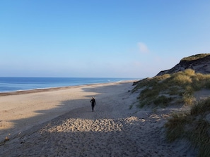 A beach with a person walking along the shore, a clear sky, and dunes in the background.
