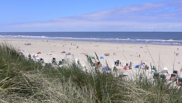 A beach with tents and beachgoers.