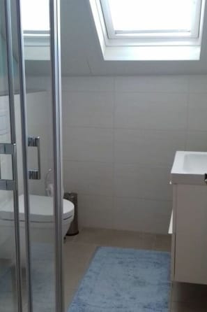 Un baño con tragaluz, cabina de ducha de vidrio, inodoro y lavamanos.