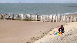 Une plage avec une clôture en bois, une personne promenant un chien et un enfant jouant avec des jouets.