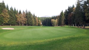 A golf course with a well-maintained green, sand bunkers, and a flagstick. - Apartment mit Balkon in Waldnhhe (Winterberg)