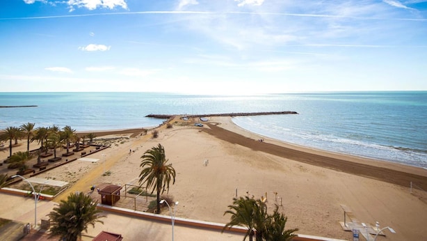 A beach with a pier extending into the sea, palm trees, and a clear sky.