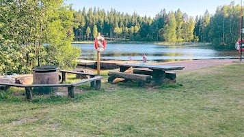 A lakeside picnic area with wooden benches and picnic tables, surrounded by trees and a clear sky.