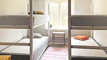 A dormitory room with bunk beds, a desk, and a window.