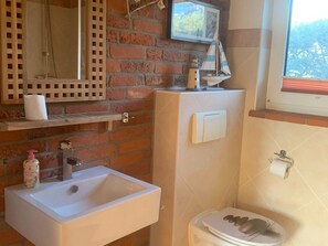 Ein Badezimmer mit weißem Waschbecken, Toilette, Spiegel und Fenster mit Blick.