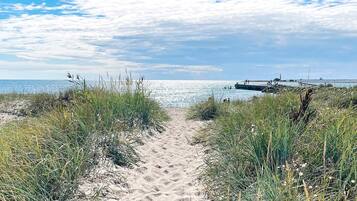A sandy beach path leading to the ocean with grassy vegetation on either side.