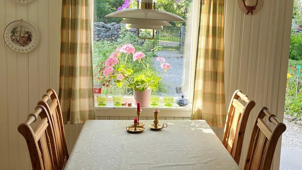 Ein Esstisch mit einer blumigen Tischdecke, umgeben von Holzsesseln, mit Blick auf einen Garten und einem Blumentopf.
