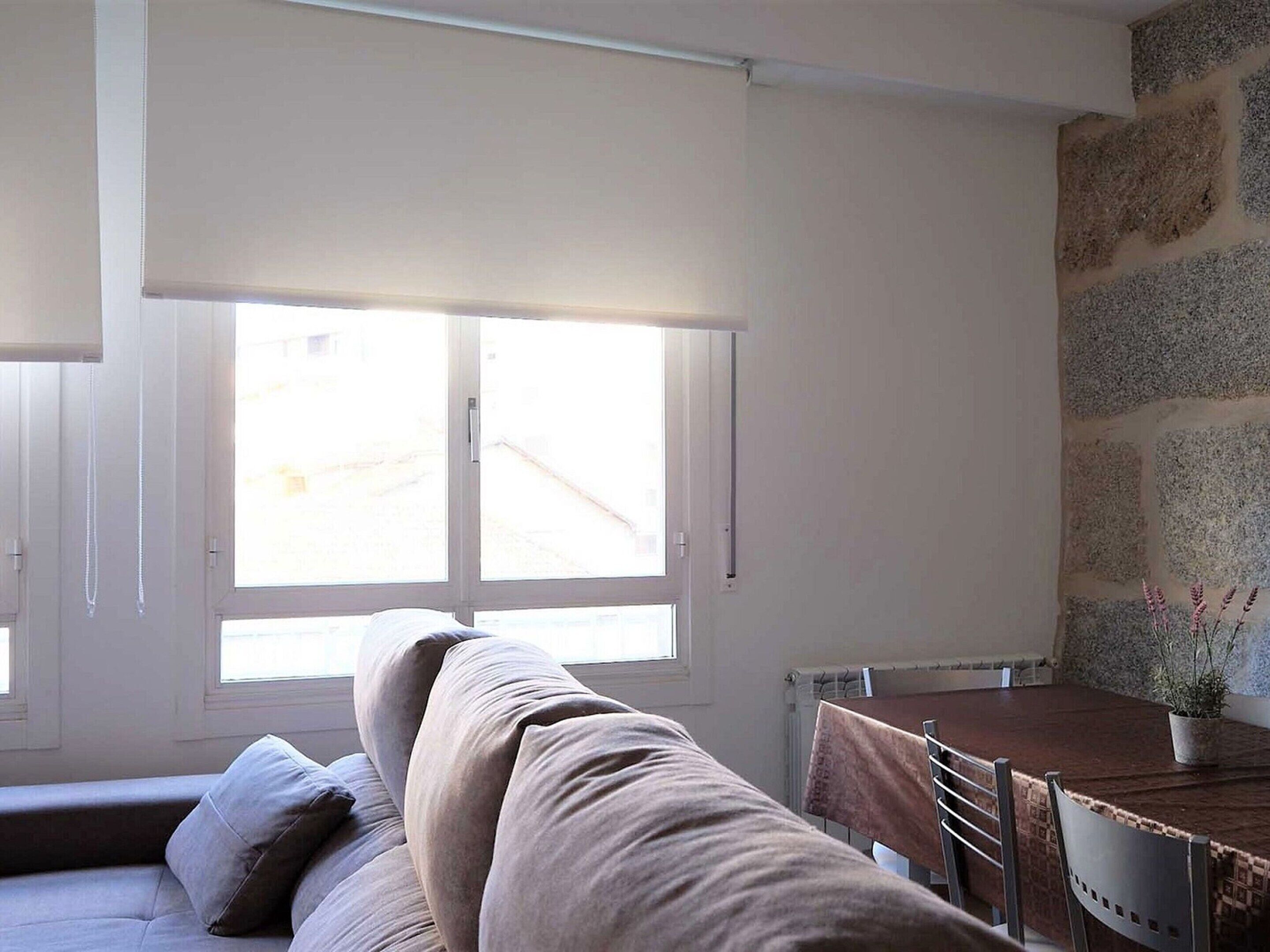 A room with a large window, a sofa, a dining table, and a potted plant.