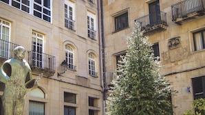 A building with multiple windows and balconies, a statue, and a Christmas tree. - Belvilla by OYO Villa Trabazos Abellas (Ourense)