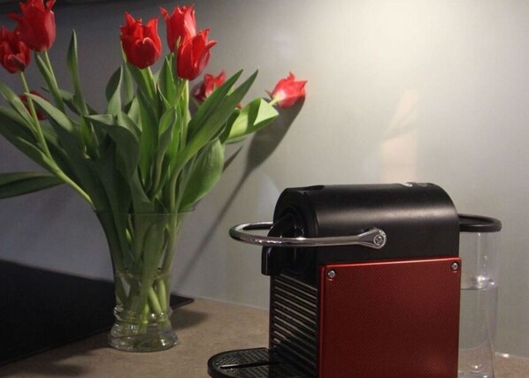 A red and black portable grill with a handle, placed next to a vase with red tulips. - Holiday Apartment Kurpark (Xanten)