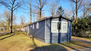 A small, single-story mobile home with a dark exterior and white trim around the windows. It is situated on a paved driveway with a grassy area in front. - Holiday Home Chalet Drenthe (Zorgvlied)