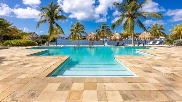 A pool area with clear blue water, palm trees, and a view of the sea. - Holiday Home by Sea Willemstad Pool (Jan Thiel)